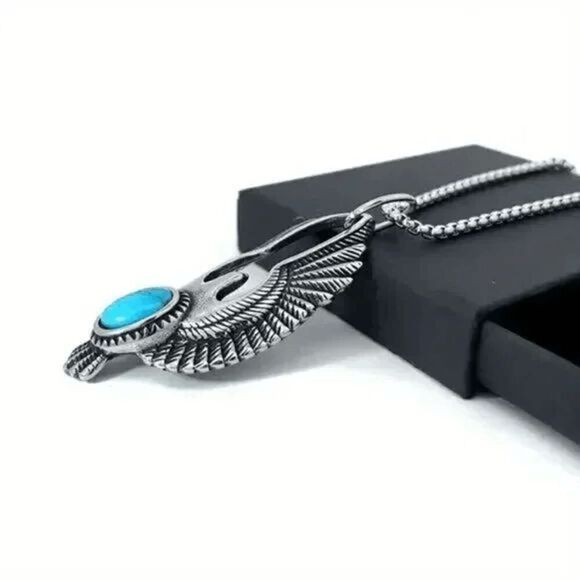 Stainless Steel Eagle Turquoise Unisex Pendant Necklace - Picture 4 of 5